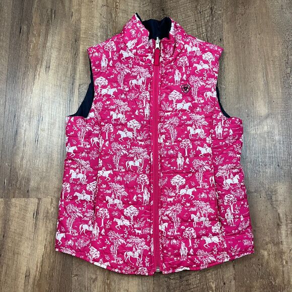 Ariat Down Puffer Vest Pink Horse Pattern Equestrian Full Zip XS/S *Read - Picture 1 of 10